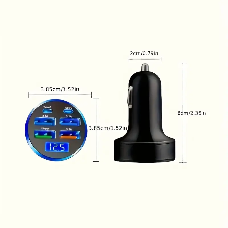 6-in-1 Fast Charger Car Adapter | QC3.0 Dual PD USB Ports, LED Display | Compatibility | 3.1A Fast Charging for Multiple Devices | Sleek Metallic Finish | Cigarette Lighter Plug | Supports 36V Vehicles 3