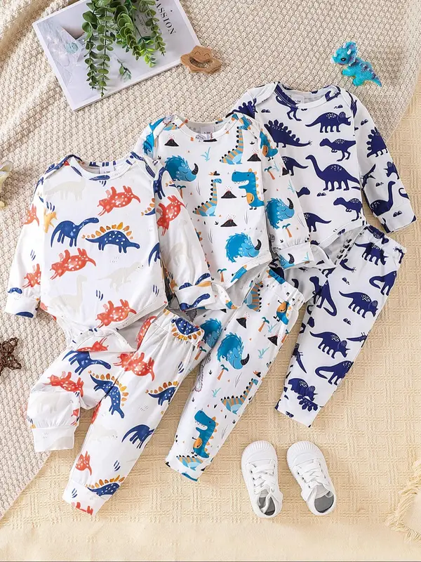 Toddler Boy's Dinosaur Print Bodysuit & Elastic Pants Set, Casual Round Neck Long Sleeve Top & Trousers Set for Daily Wear, Kids Clothes for Spring & Fall 0