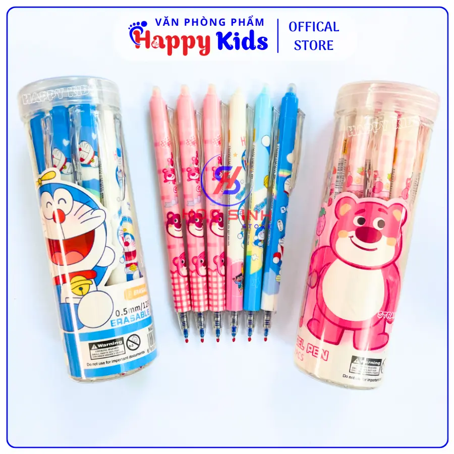 Lon 12 Cây Bút Gel Bấm Xóa Được Ngòi Nhỏ 0.5mm Gấu Dâu, Doraemon (Mực Xanh/Tím)