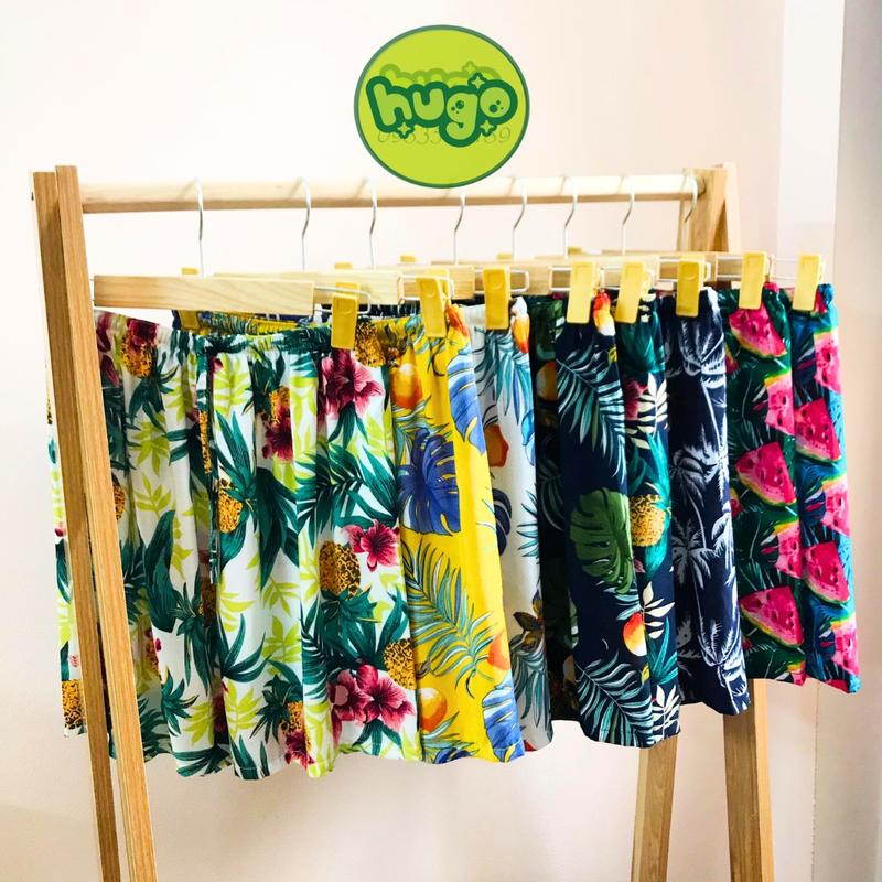 Quần đùi lanh, quần short ngắn mặc nhà , quần đi biển lanh họa tiết hoa quả nam nữ Hugo Shop