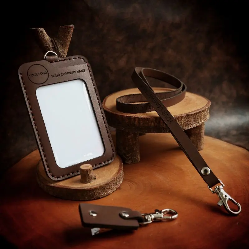 Lanyard ID Card / ID Card Holder Kulit / Name Tag Kulit Custom Gravir Nama Logo 2