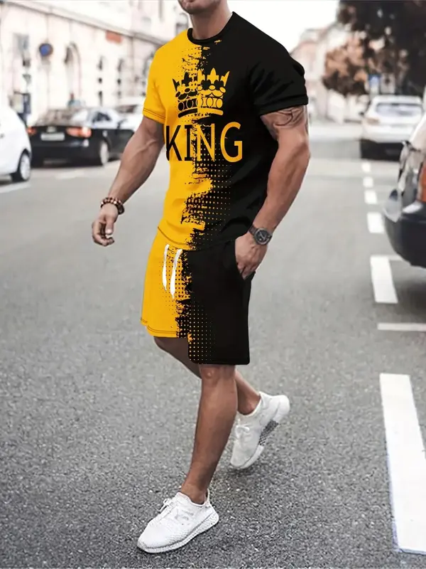 Two Pieces Men's Colorblock Striped Print Drawstring Two-piece Set, Regular Fit Casual Short Sleeve T-shirt & Pocket Shorts, Outfit Sets for Men, Men's Summer Outfits for Daily Wear, Going Out Outfit, Menswear 4
