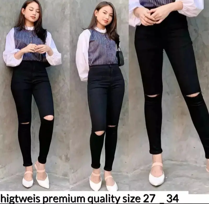 CELANA JEANS HW CELANA JEANS HIGHWAIST SOBEK LUTUT CELANA PANJANG WANITA TERMURAH ( HW TULANG POLOS) // Celana Melar Skinny Soft Tebal 3