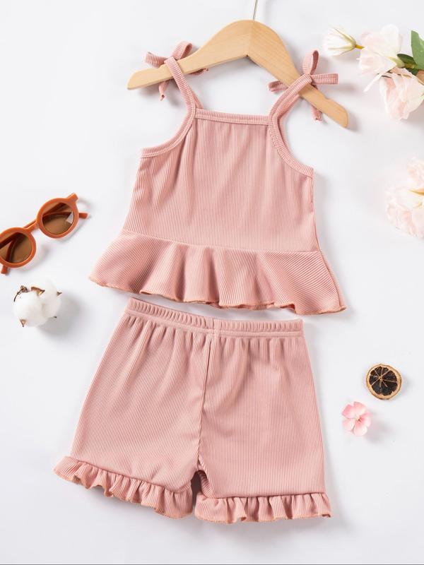 Toddler Girl's Solid Ribbed Tank Top & Shorts Two-Piece Set, Cute Casual Sleeveless Top & Shorts for Summer, Kids Clothes for Daily Wear 1
