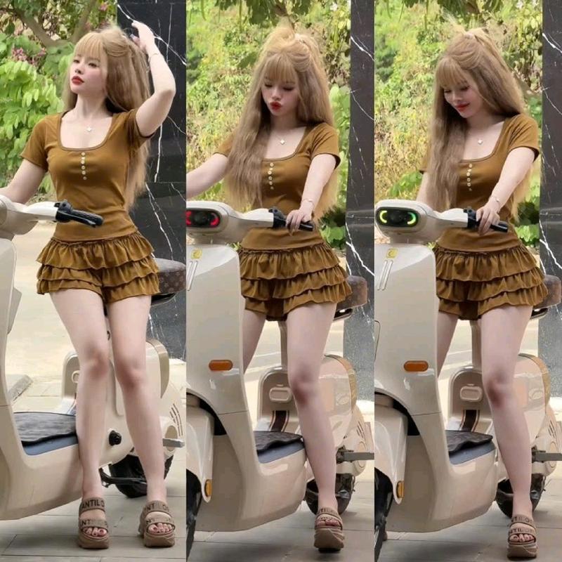 Set Đồ Tay Cộc Cổ U Đính Cúc Phối Chân Váy Tầng Chất Thun Gân 40/65kg