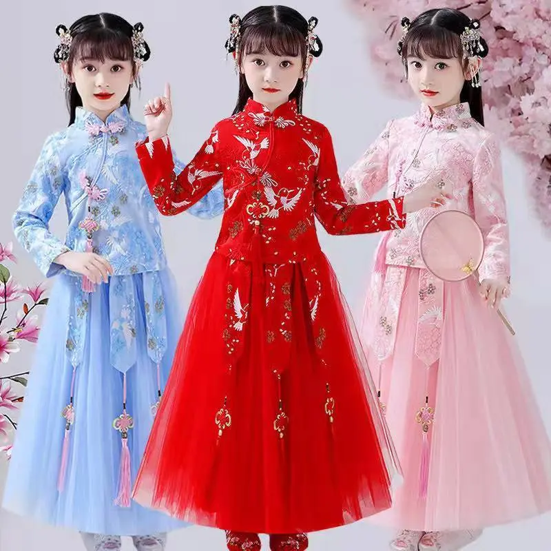 Váy Mùa Xuân Và Mùa Thu Cho Bé Gái, Phong Cách Hanfu Dễ Thương, Thời Trang 2024, Phong Cách Siêu Thanh Lịch, Trang Phục Cổ Trang Cho Trẻ Em, Váy Sườn Xám Mùa Xuân Cho Bé Gái, Bộ Đồ Tang, Quần Áo Mùa Xuân