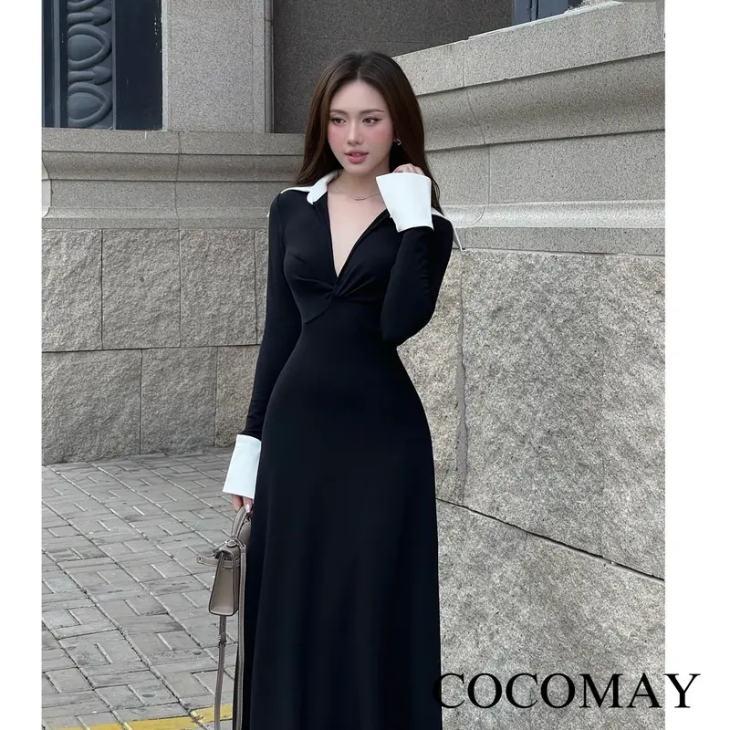 COCOMAY Đầm maxi xoắn ngực tay dài phong cách Nữ Women Dress Đen - Đỏ 4
