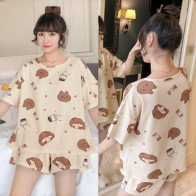 Bộ Đồ Ngủ Hoạt Hình, Dễ Thương, Dành Cho Nữ, Chất Liệu Cotton Mỏng, Áo Sơ Mi Ngắn Tay, Quần Đùi, Đồ Ngủ Thường Ngày Dáng Rộng, Quần, Màu Trơn Đơn Giản, Thích Hợp Cho Các Cặp Đôi, Bộ Quần Áo Mặc Nhà, 2 Chiếc 5