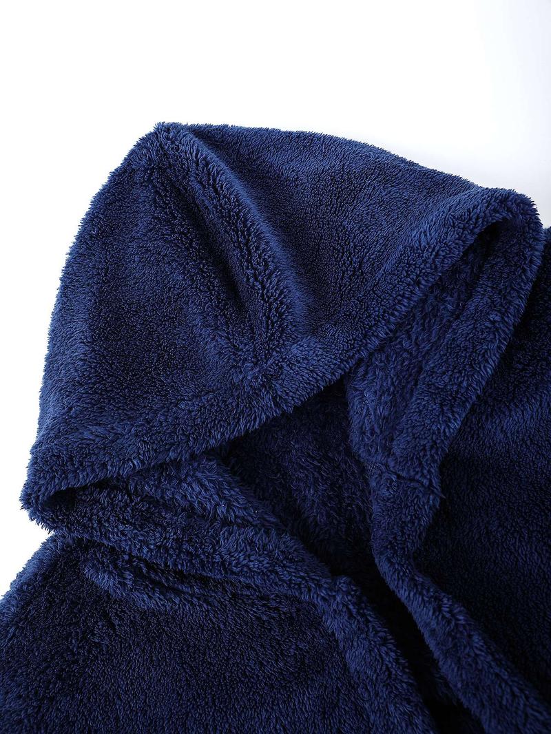 Product Introduction of Men's Loose Solid Drop Shoulder Dual Pocket Belted PJ Hooded Bathrobe, Casual Comfy Fuzzy Thermal Robe For Men Daily Home Wear, Men's Sleepwear For Fall & Winter, Trendy Soft Comfy Menswear 3