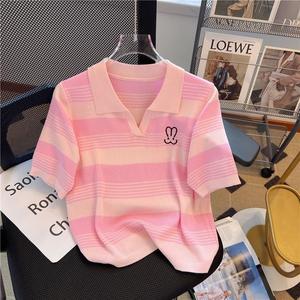 Vintage Striped Color Block Polo Collar Knitted Top Super Stylish Short Sleeve T-Shirt for Women Summer Thin Rabbit Embroidery Top