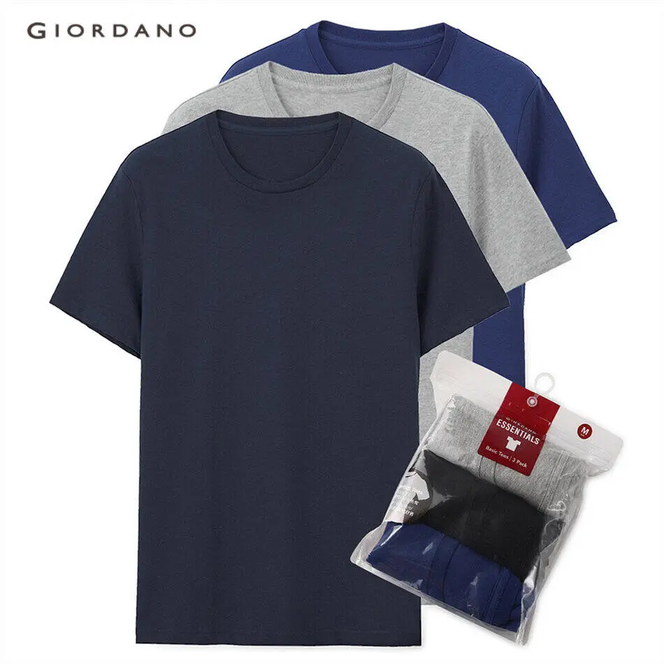 Áo Thun Nam, Giordano, Bộ 3 Chiếc, Màu Trơn Vải Cotton, Crewneck, Có Tay Áo, Miễn Phí Vận Chuyển, Chọn 1 Chiếc, 1 Chiếc