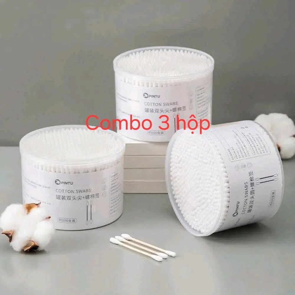 Combo 3 Hộp Tăm Bông Ngoáy Tai Thân Gỗ Hộp 500 Bông Ngoáy Tai 2 Đầu