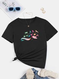 ImprinTee Women's Music Note Print Round Neck Tee, Fashion Casual Crew Neck T-Shirt for Daily Holiday Wear, Ladies Clothes for Summer