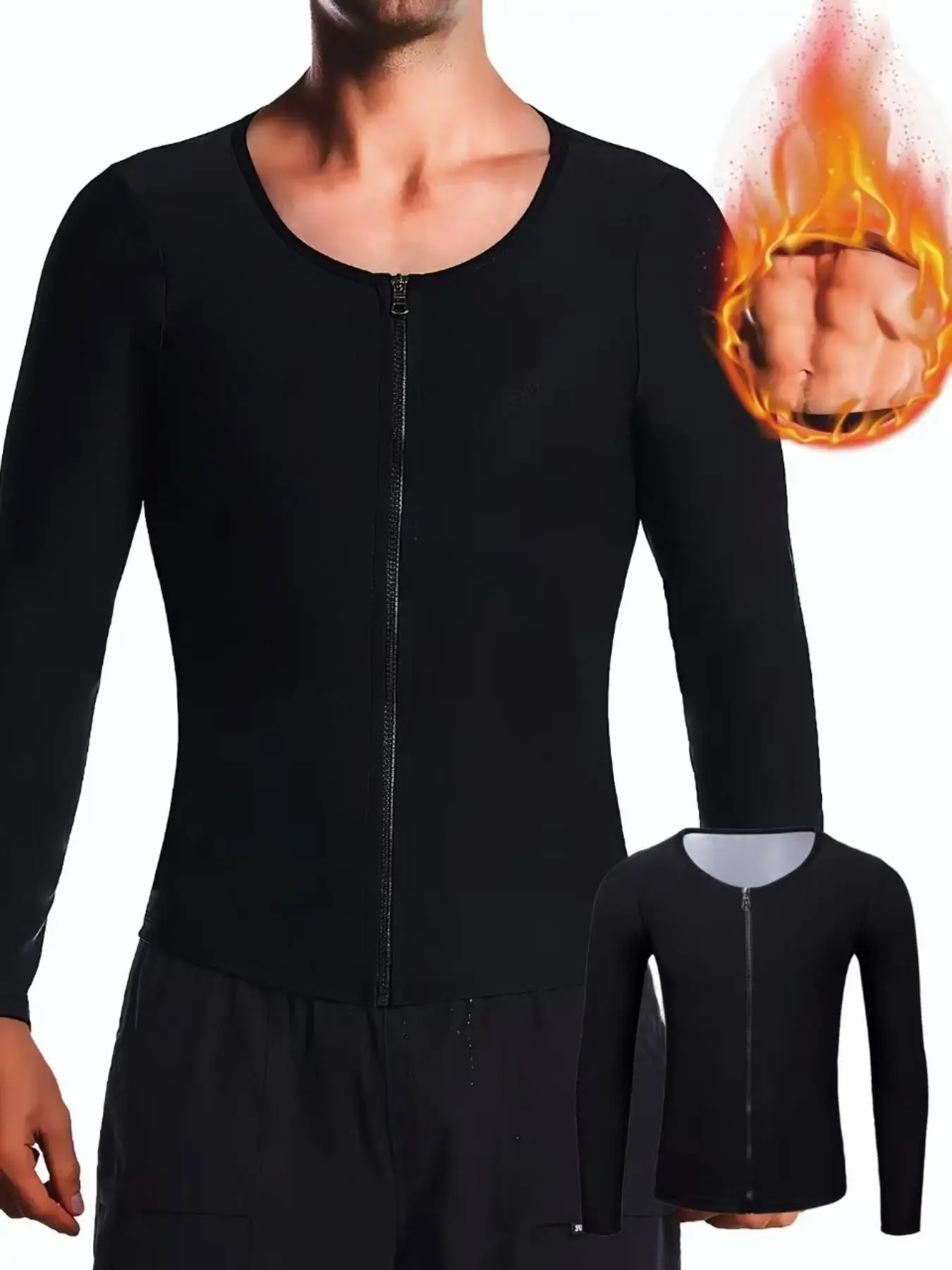 Men's Solid Color Zip Up Sauna Top, Casual Long Sleeve Sports Top for Gym Workout, Professional Sports Clothing for Men