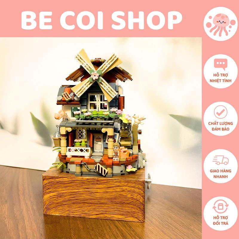 (Tặng đèn + Có Hộp Nhạc Dây Cót ) Đồ Chơi Lắp Ráp Mô Hình Hộp Nhạc Ngôi Nhà Cối Xay Gió Decor