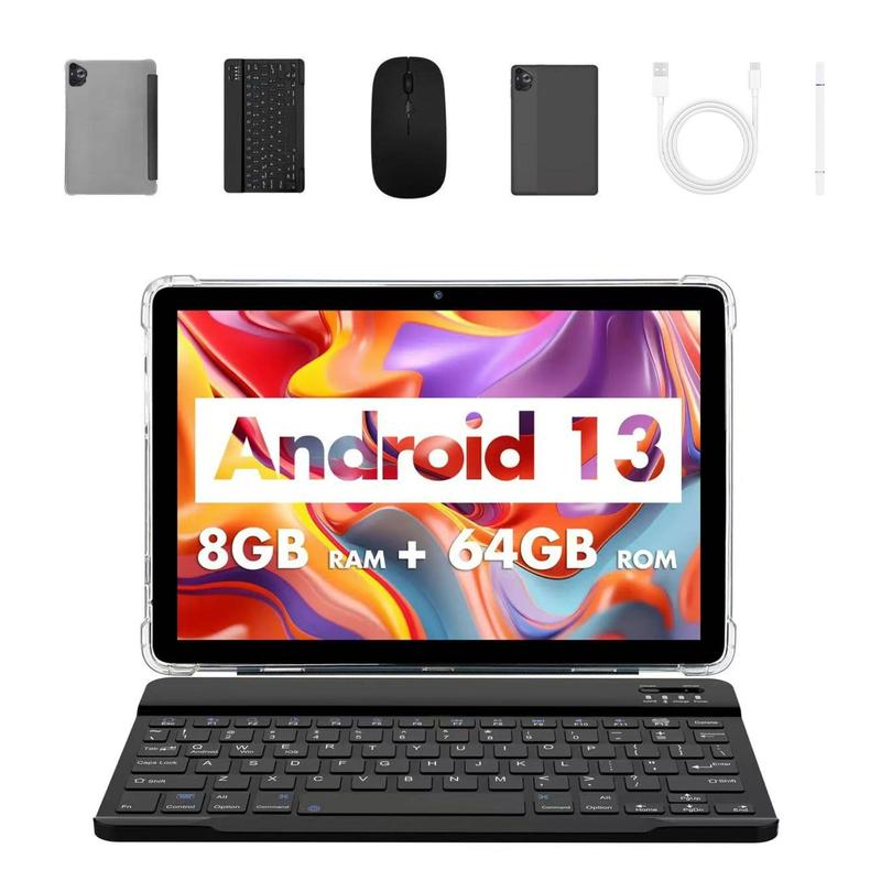 10 Inch Android 13 Tablet, 8GB RAM+64GB ROM Tablet with Keyboard & Protective Case & Mouse & Stylus, 2 in 1 Tablet for Home Office 0