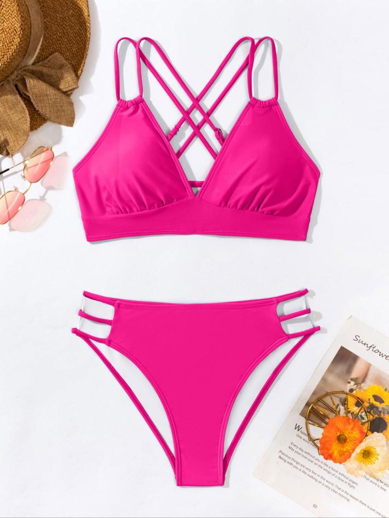 Product Introduction of Two-piece Set Women's Cut Out Bikini Set, Adjustable Strap Criss Cross Wireless Swim Bra with Removable Pads Design & Swim Panty, Ladies Summer Swimsuit Sets for Beach Holiday Vacation, Bathing Suits 2024 for Women 19