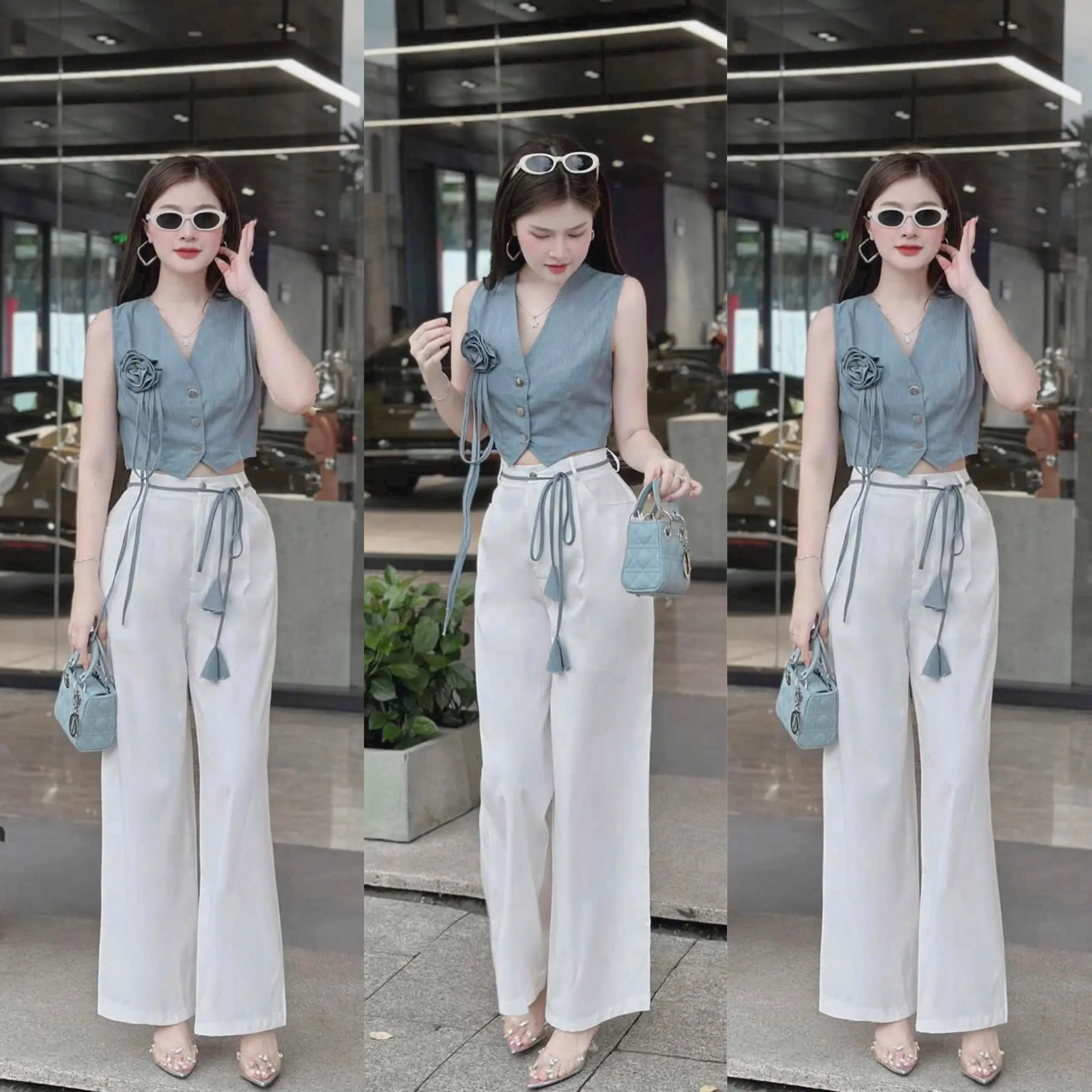 Set áo jean mềm sát nách cổ chữ V đính hoa phối quần ống suông lưng thun có túi cho nàng diện đi chơi và dạo phố M109