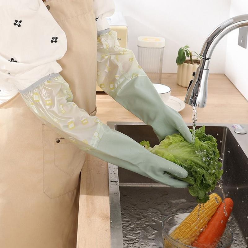 Product Introduction of New Rubber Dishwashing Gloves Thickened Waterproof Women Washing Clothes Hanging Plush Brush Bowl Latex Gloves 11