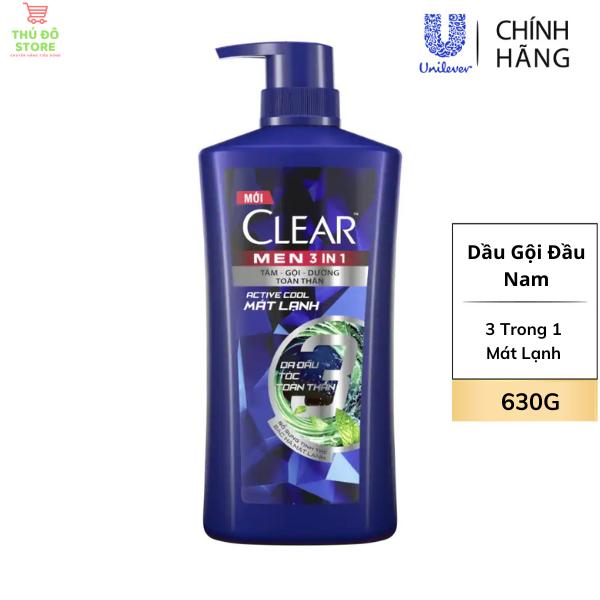 Dầu Gội Đầu Clear Men Cho Nam 3 Trong 1 Tắm-Gội-Dưỡng Active Cool - 630G