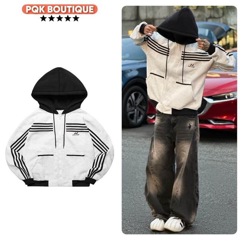   New 2025  Áo Khoác Zip Nỉ Nam Nữ Form Rộng Viền Sọc SATURATE Phối Nón Khác Màu Nổi Bật 