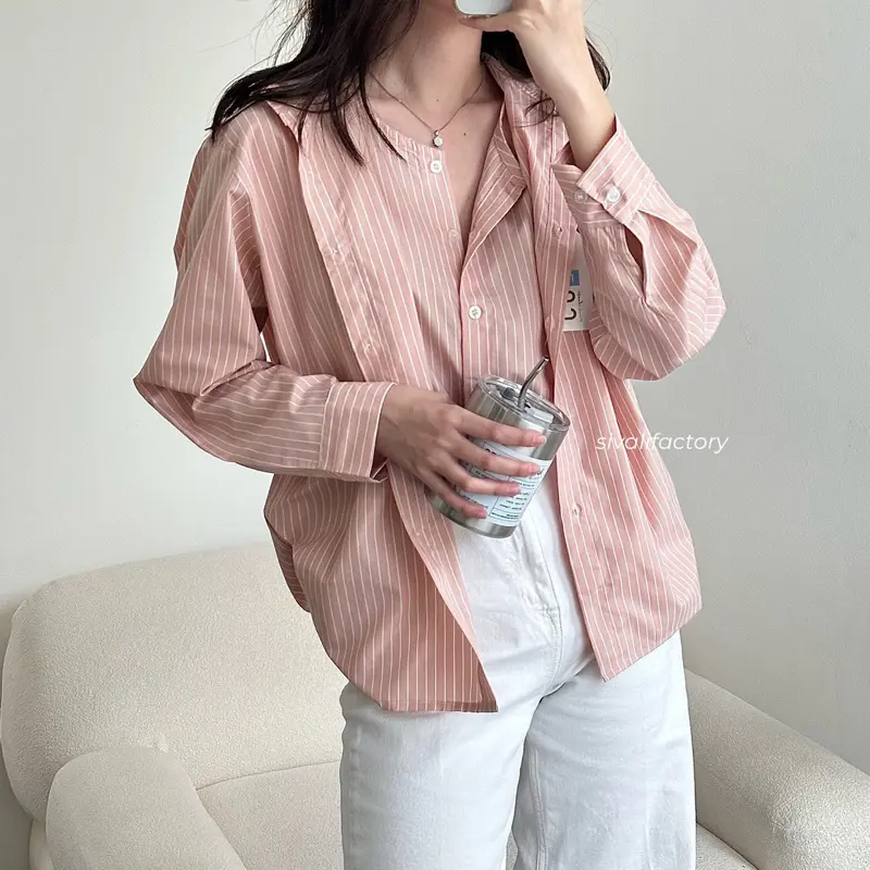 TERSEDIA SIVALI Sora Shirt - Stripe Shirt Double Layer - Kemeja Layer Office Kantor Atasan Wanita Lengan Panjang 547