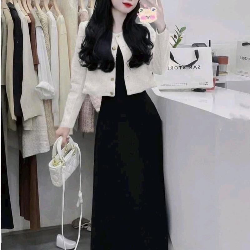 Set đầm Nữ thun tăm 2 dây kèm áo khoác linen tay dài đi chơi đi tiệc đều sang (free size eo dưới 78cm) Women Dress 0
