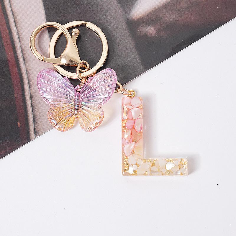 Product Introduction of [QQQ]Pink Dream Butterfly 26 Letters A To Z Resin Keychain 26 Initials White Stone  Leaf Pendant Keyring Backpack Charm Bag Decor 26