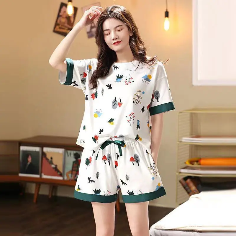 Bộ Đồ Ngủ Nữ, Bộ Đồ Ngủ ngắn Tay Mùa Hè, Bộ Đồ Hai Mảnh, Cổ Tròn, Đi Chơi Mùa Hè, Ngoại Cỡ, Thích Hợp Cho Học Sinh, Đồ Mặc Nhà, Có Thể Mặc Ngoài Trời