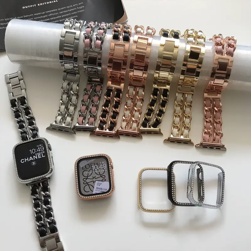 Dây Đeo Bằng Da Kim Loại Sang Trọng Cho Apple Watch, Dây Đeo 49Mm, 41Mm, 45Mm, 38Mm, 42Mm, 44Mm, 40Mm, Vòng Tay Nữ Cho IWatch Ultra 8 7 SE 6 5 4 Cao Su Smartwatch 5