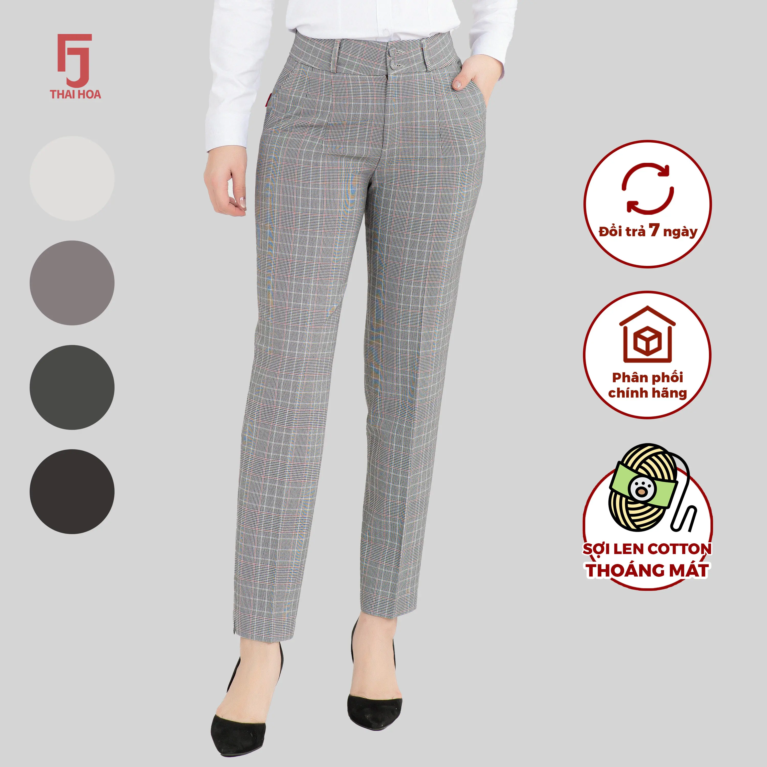 Quần tây R01 hai cúc hai ly ống đứng, cạp lưng trung ngang rốn, form nhỏ Thái Hòa QAW2016-R01 (74% poly spun, 22% rayol, 4% spandex) Nữ Pants