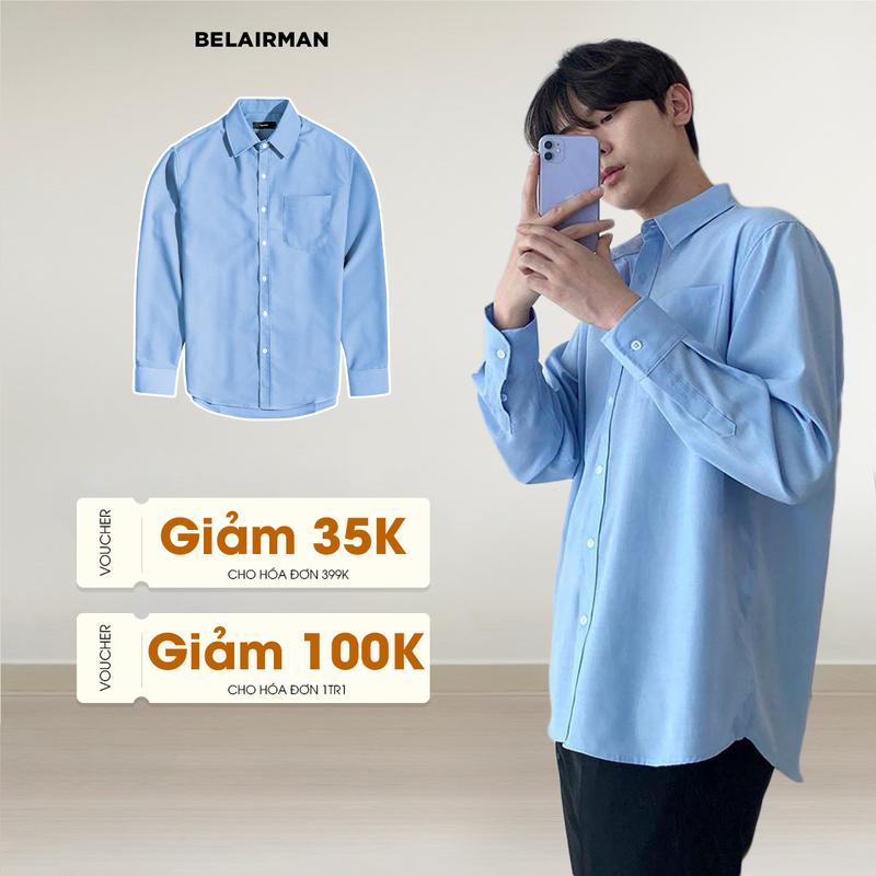 Áo sơ mi nam 1 túi BELAIRMAN tay dài công sở form Hàn Quốc vải lụa không nhăn thấm hút mồ hôi tốt Menswear Xanh 