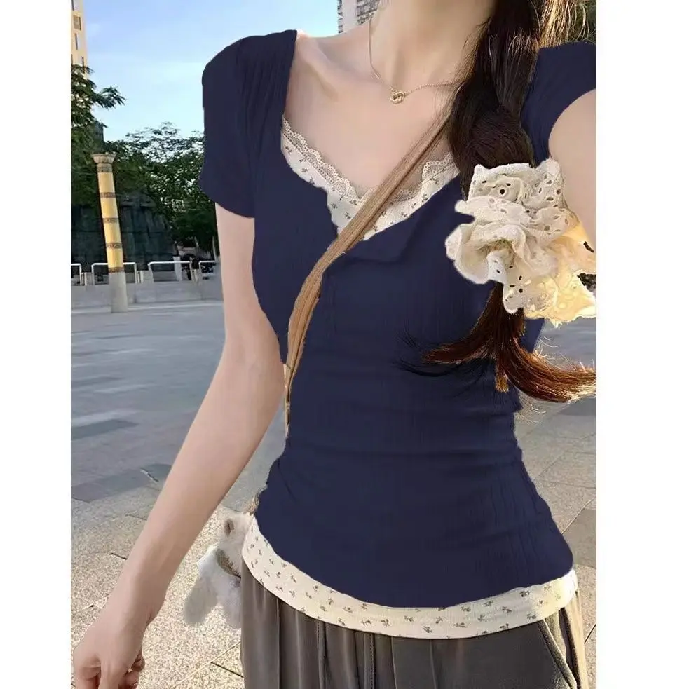 Áo Thun Ngắn Tay Ren Hoa, Dành Cho Nữ, Mùa Xuân Và Mùa Hè, Thiết Kế Hai Mảnh Giả, Phong Cách Cô Gái Nóng Bỏng Thuần Khiết Áo Hai Dây