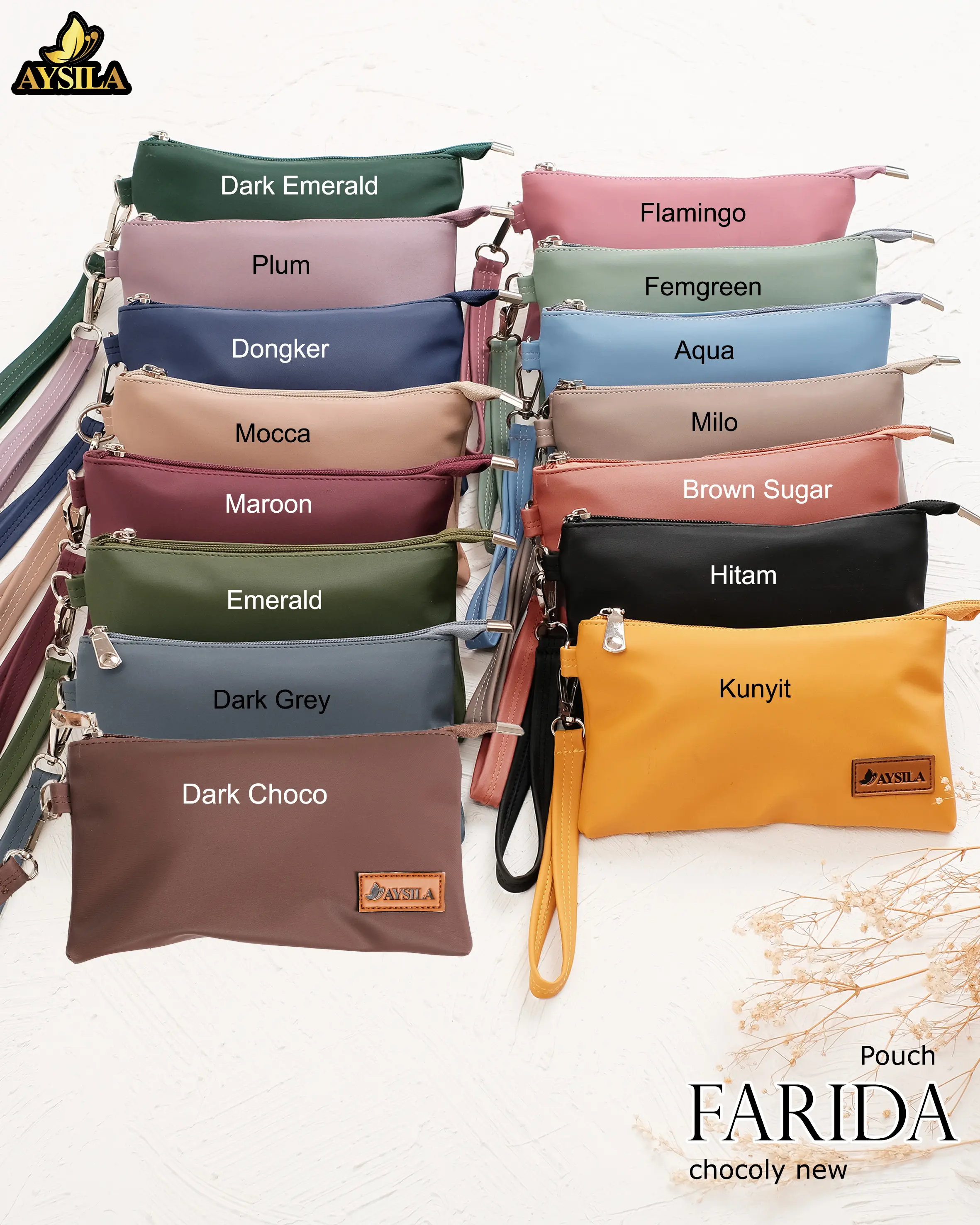 FARIDA POUCH ALL COLORS ORIGINAL BY AYSILA DOMPET WANITA KANTONG MULTIFUNGSI HARGA MURAH UNDER 100 RIBU WARNA MILO BROWN SUGAR DARK EMERALD HITAM BLACK MAROON PLUM DONGKER KUNYIT DARK F=GREY CHOCO AGUA MOCCA FLAMINGO FEMGREEN POLOS COD BAYAR DI TEMPAT