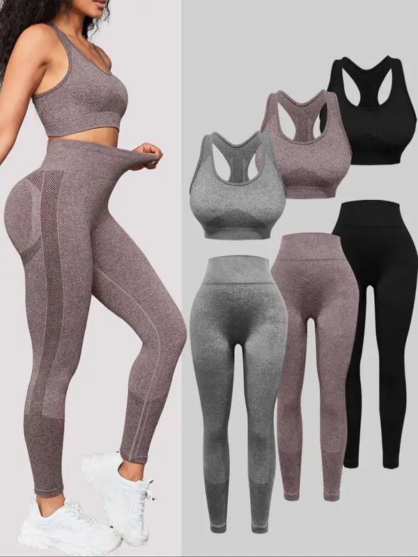 Women's Solid Scoop Neck Crop Tank Top & High Waist Leggings Tracksuit Set, Sporty Breathable Outfits for Yoga Gym Workout Running, Ladies Sportswear for All Seasons 4