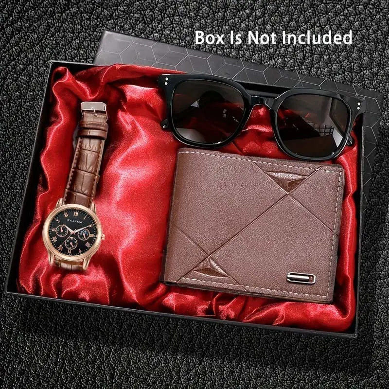 *-* 3PCS Fashion Men's Quartz Watch  & Fashionable Glasses & Wallet Set Brown Series for Men (NO BOX) Jam Tangan Lelaki Perempuan11/30