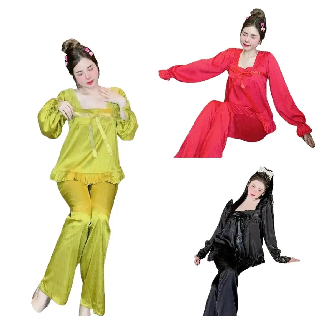 Sét Bộ Ngủ Cổ Vuông Phối Ren Lụa   Màu Trơn Tay Dài Quần Dài,Cho Nữ, Chất Mềm Mịn Women Ong Voi Voan Hồng đồ  bộ