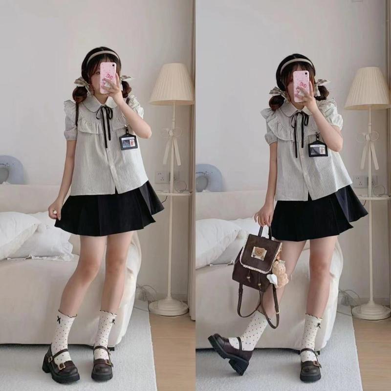 Product Introduction of Áo Sơ Mi Sọc ngắn Tay Thiết Kế Mùa Hè Hai Mảnh Phong Cách Preppy Hàn Quốc + Chân Váy Chữ A Dễ Phối Đồ Nữ Top 7