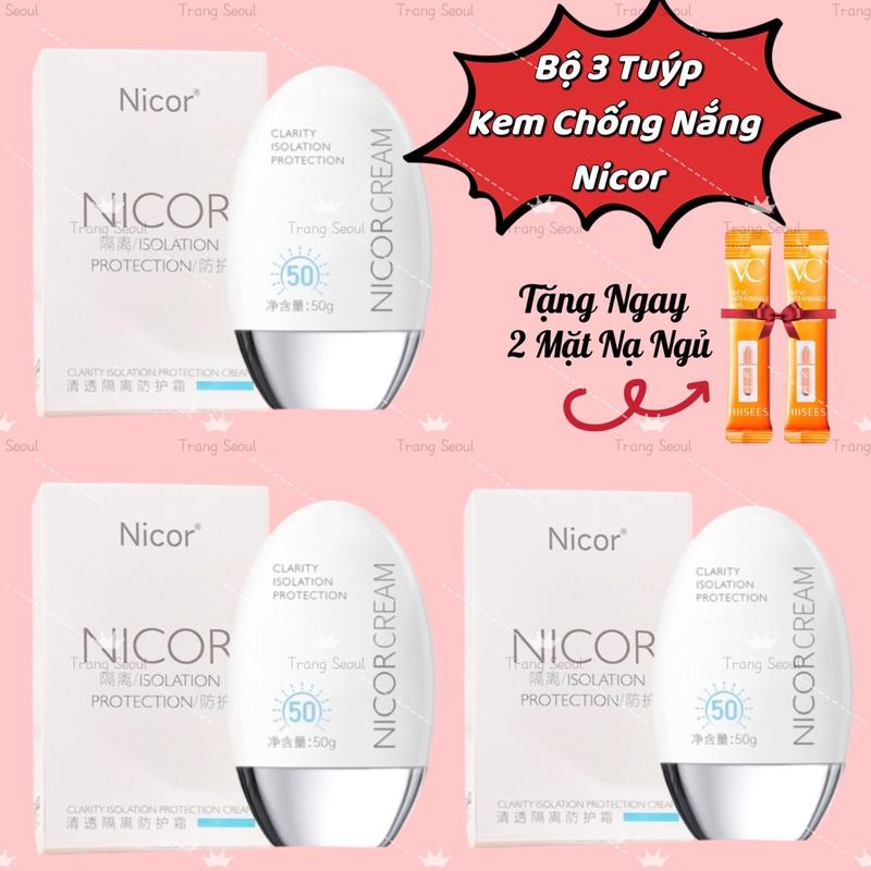 [ Tặng 2 Mặt Nạ Ngủ ] Bộ 3 Hộp Kem Chống Nắng Nicor Dành Cho Da Mặt Giúp Bảo Vệ Làn Da Khỏi Ánh Nắng Mặt Trời, Nâng Tone Đẹp Tự Nhiên Như Lớp Makeup Trong Trẻo, Không Lộ Vân Kem, Không Bết Rít,  Chắn Tia UVA, UVB, Cho Làn Da Khoẻ Mạnh