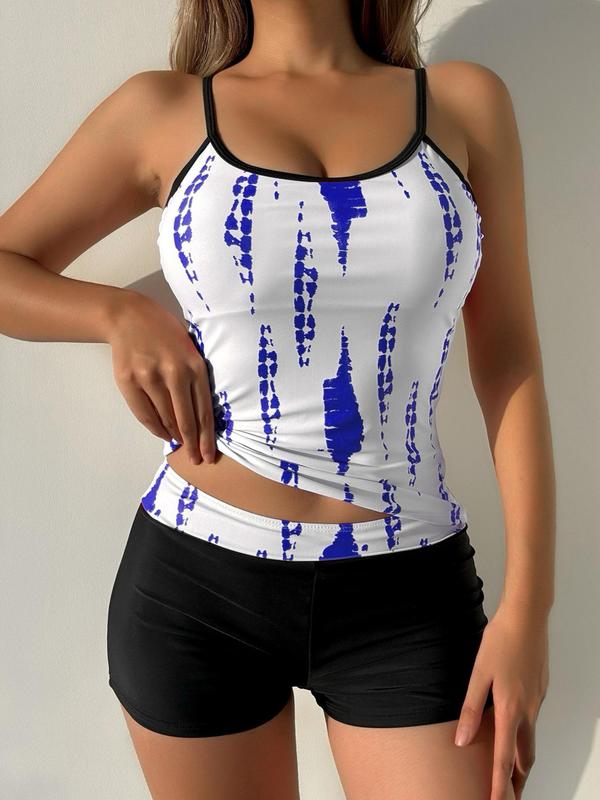 Two-Piece Set Women's Tie Dye Print Adjustable Strap Cami Tankini Top & Patchwork Shorts Tankini Set, Comfort Breathable Casual Swimsuit for Beach, Ladies Swimwear 4