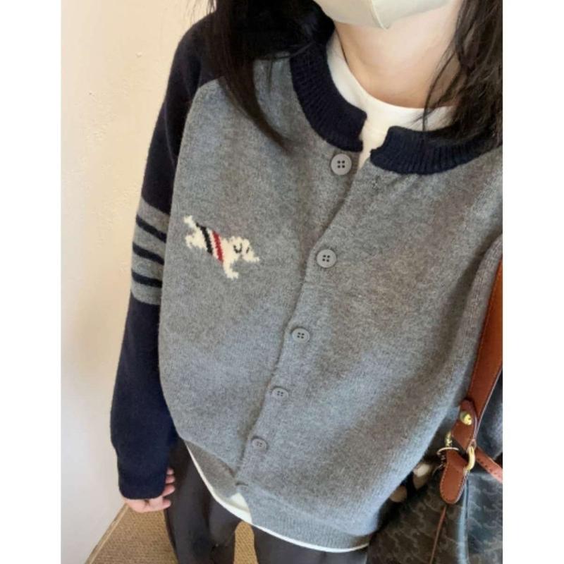 Áo Len Cardigan Cún chó Con, Thiết Kế Đẹp, Dành Cho Nữ, Hàng Mới Về 2024, Bốn Thanh Màu Tương Phản, Tay Áo Raglan, Áo Dệt Kim, OOTD