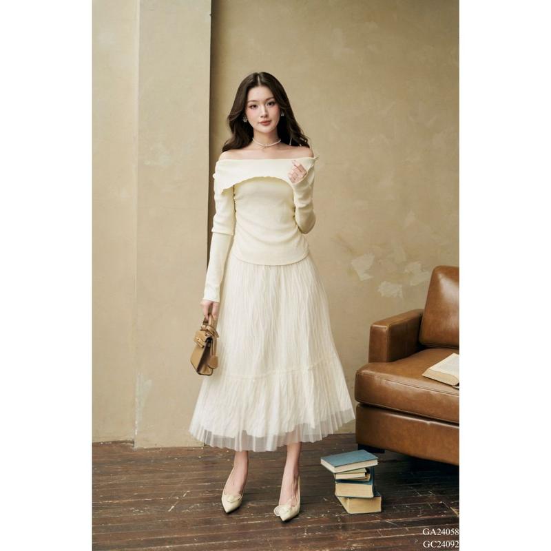  TIINSTORE Chân váy nữ dáng dài xoè tầng lưới lượn sóng gân GC24092 