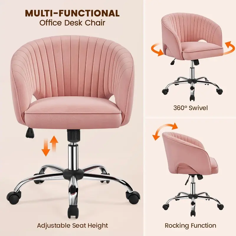 Deluxe Velvet Desk Chair, Makeup Vanity Chair with Tufted Barrel Back Adjustable Velvet Accent Armchair Swivel Office Chair for Home Office Pink 4