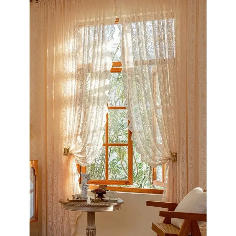 Rèm voan trắng dán tường, rèm họa tiết, Hoa đính kèm hạt, Rèm công chúa màu trà sưɑ~ tại Myahome,tặng dây buộc rèm 1