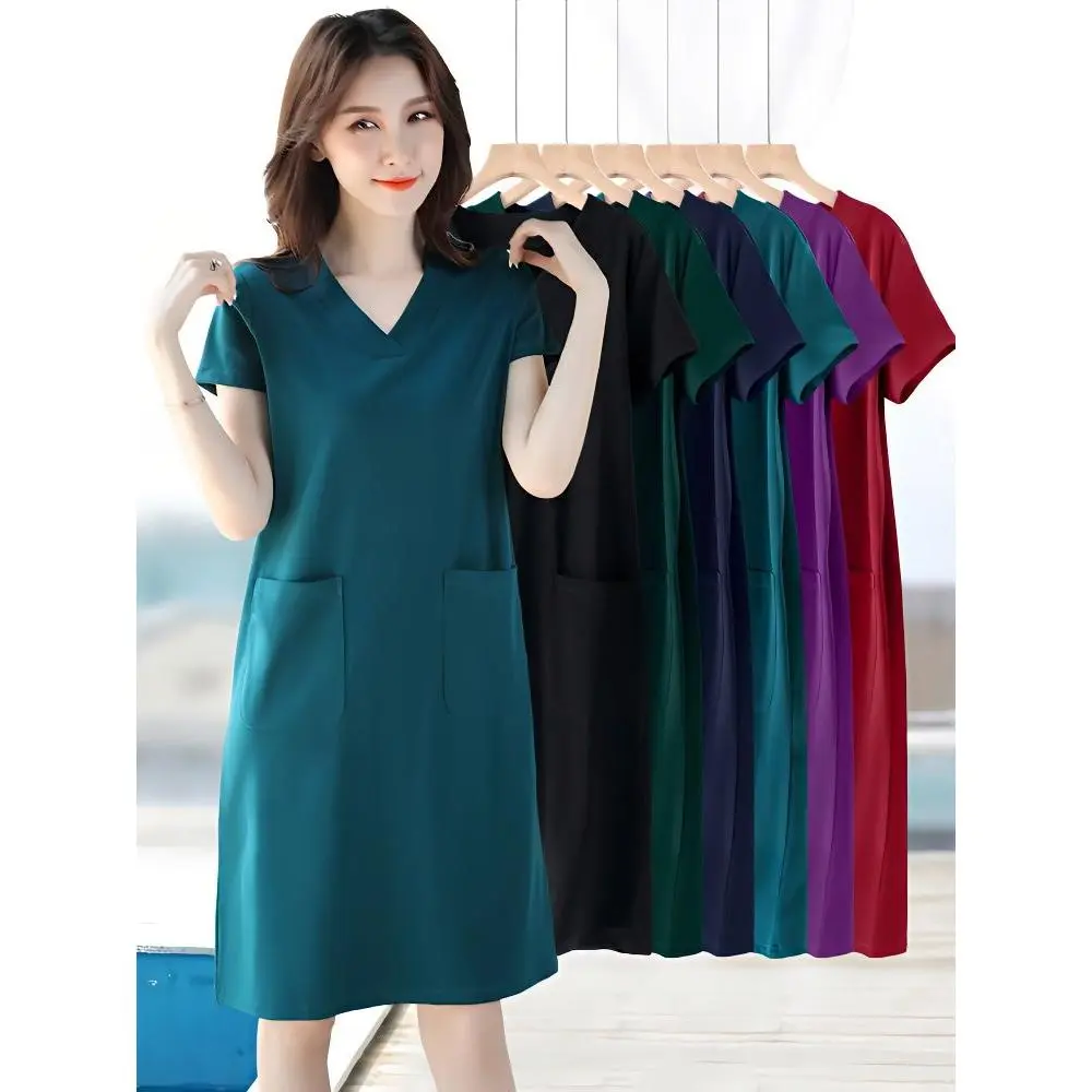 Blue, Large-Sized Short Sleeve Dress Women's 20244 Spring and Summer Mid-Length Loose V-neck Belly-Covering Dress Casual Womenswear