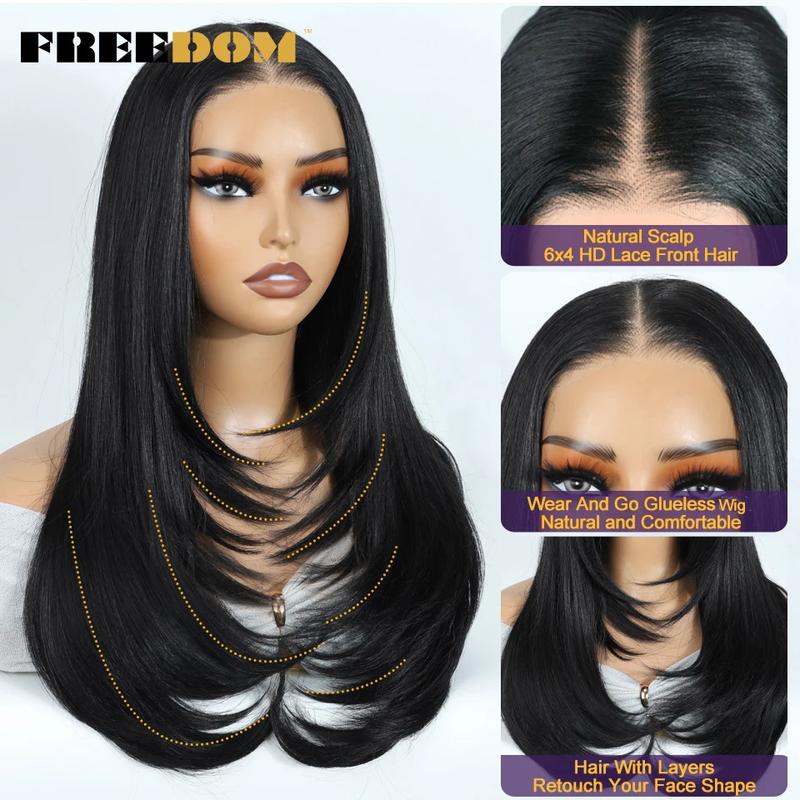 Product Introduction of Synthetic Lace Front Wigs For Black Woman Layered Straight Wear and Go Glueless Wigs Ombre Brown T Part & 6x4 Pre Plucked Wig 10