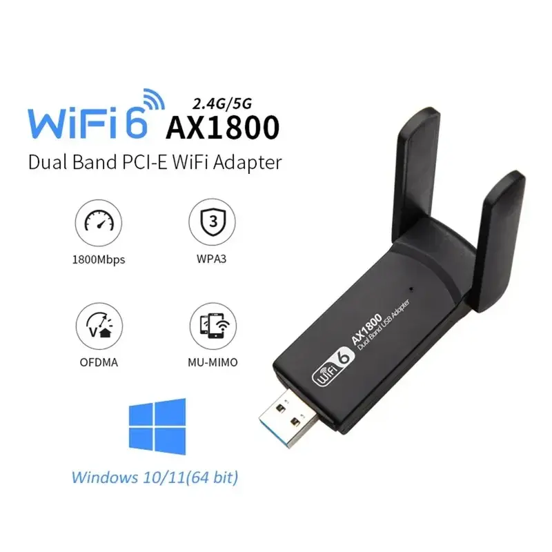 WiFi 6 USB Adapter 2.4G & 5G AX1800 High Speed USB3.0 Wireless Dongle Network Card MT7921AU WiFi6 Adapter For Win10/11
