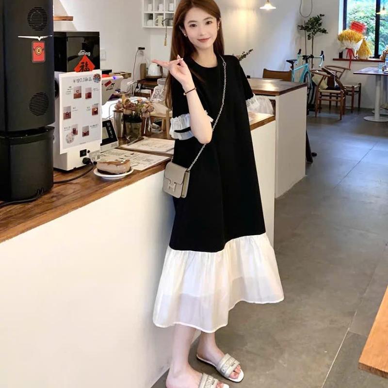 Váy bầu xinh [VB15] màu Đen tay bèo trắng dáng dài Nữ Voi Dress Women Tay Loe Voan