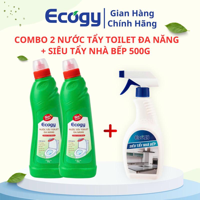 Ecogy; Combo 2 chai Nước tẩy toilet đa năng 500g chai + 1 chai Siêu tẩy nhà bếp 500g - Diệt khuẩn làm sạch cặn canxi ố vàng rỉ sét mảng bám bẩn - Tẩy sạch dầu mỡ vết cháy đen mốc bẩn trên nhà tắm và nhà bếp