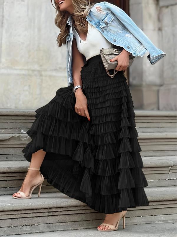 [Plus Size] Solid Tiered Layer Ruffle Trim Tulle Skirt, Elegant High Waist A Line Skirt for Party Holiday Wedding Guest, Women's Clothes for Spring & Fall 2